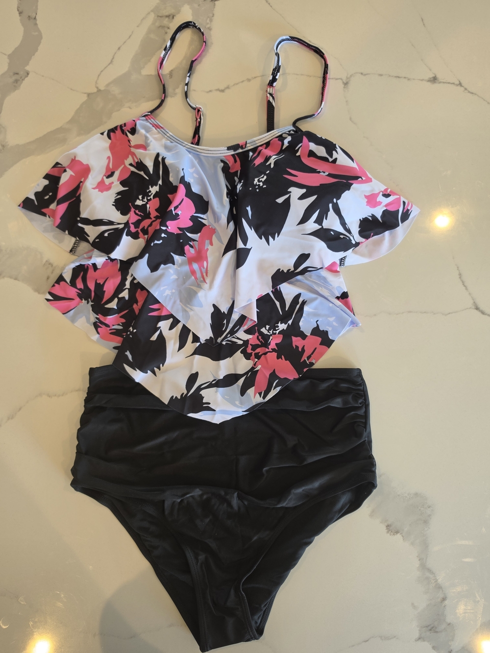 Floral Ruffle Tankini Swimsuit Set M - High Waisted Ruched Bottoms